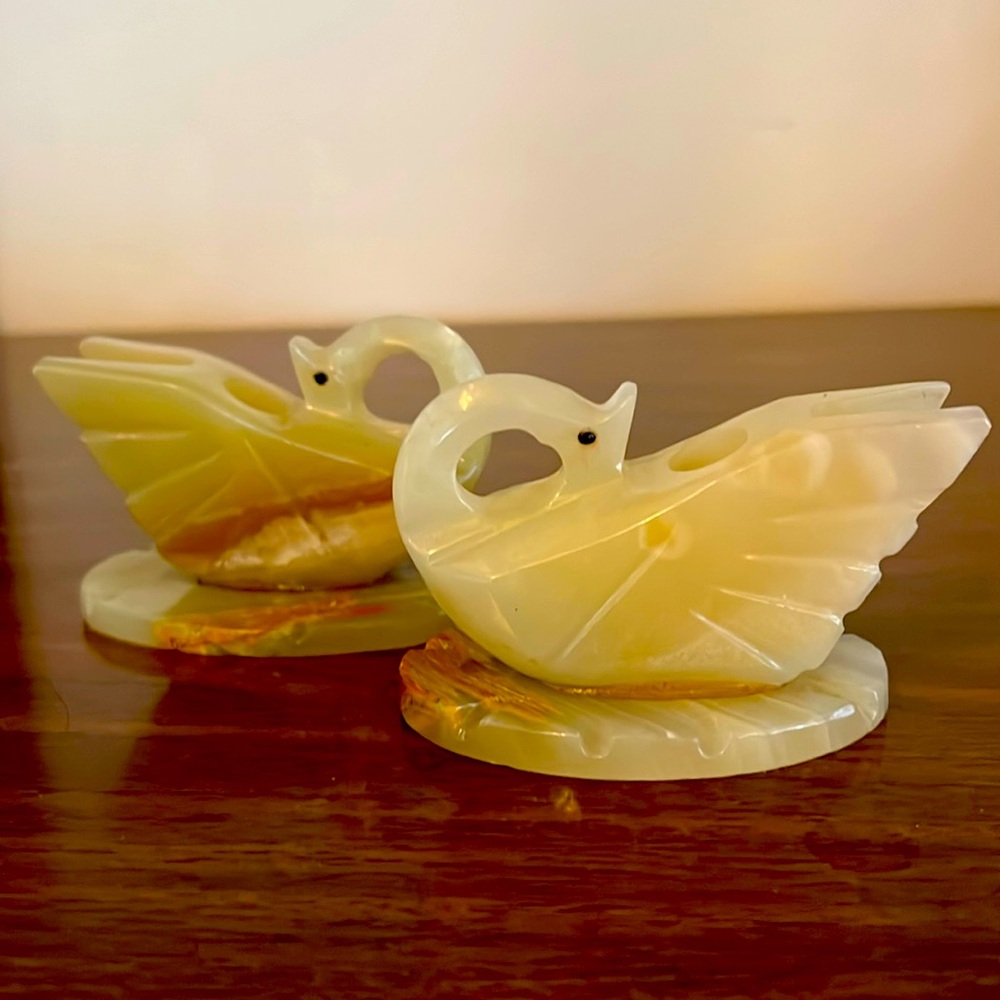 Vintage Mexican Hand carved onyx swan candle holders